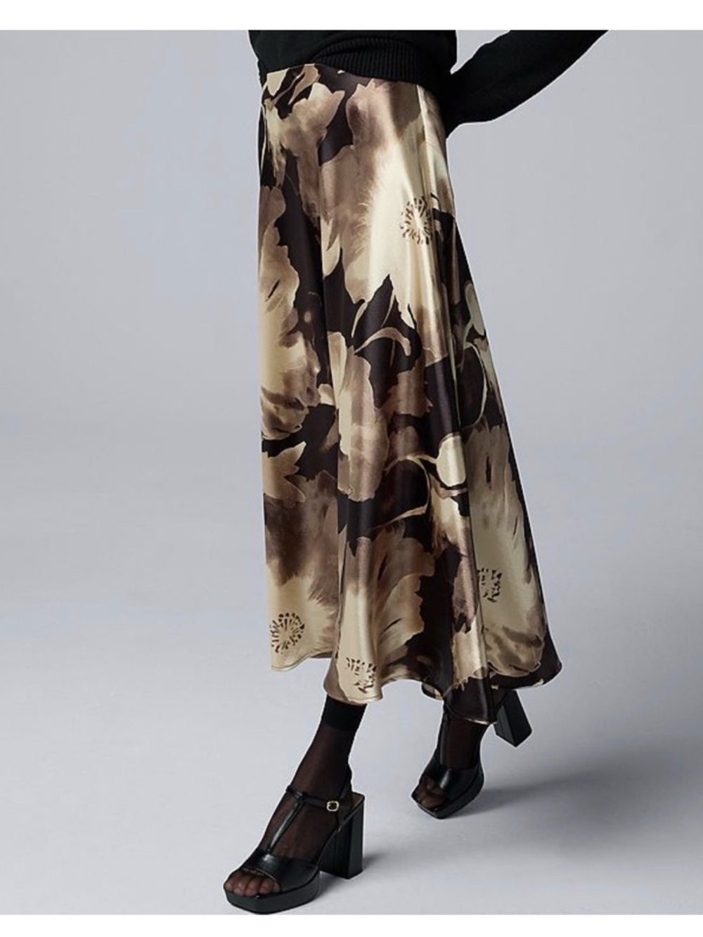 NWT Simply Vera Vera Wang Brown and Cream Floral Satin Maxi Skirt Medium